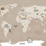 Bež tapeta mapa sveta za decu sa životinjama i znamenitostima